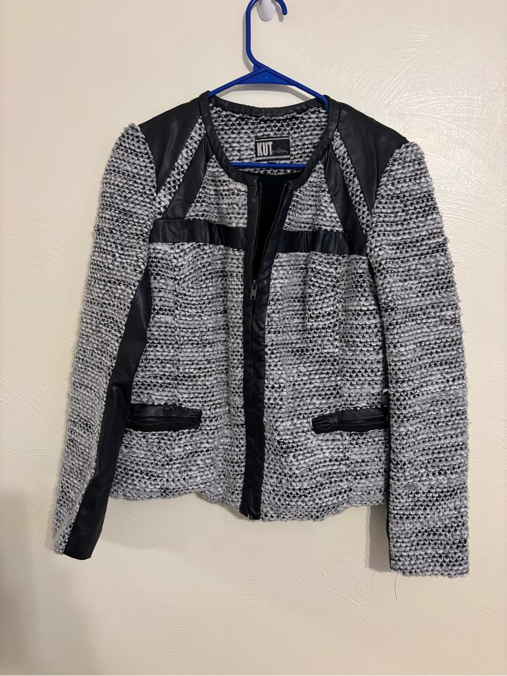 Kut from the Kloth Black and White Tweed-Style Jacket with Faux Leather Trim